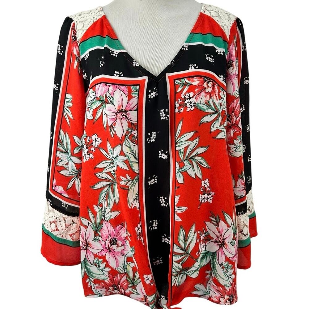 Fig & Flower Floral Tie Front Lace Trim Blouse Top Size L Boho